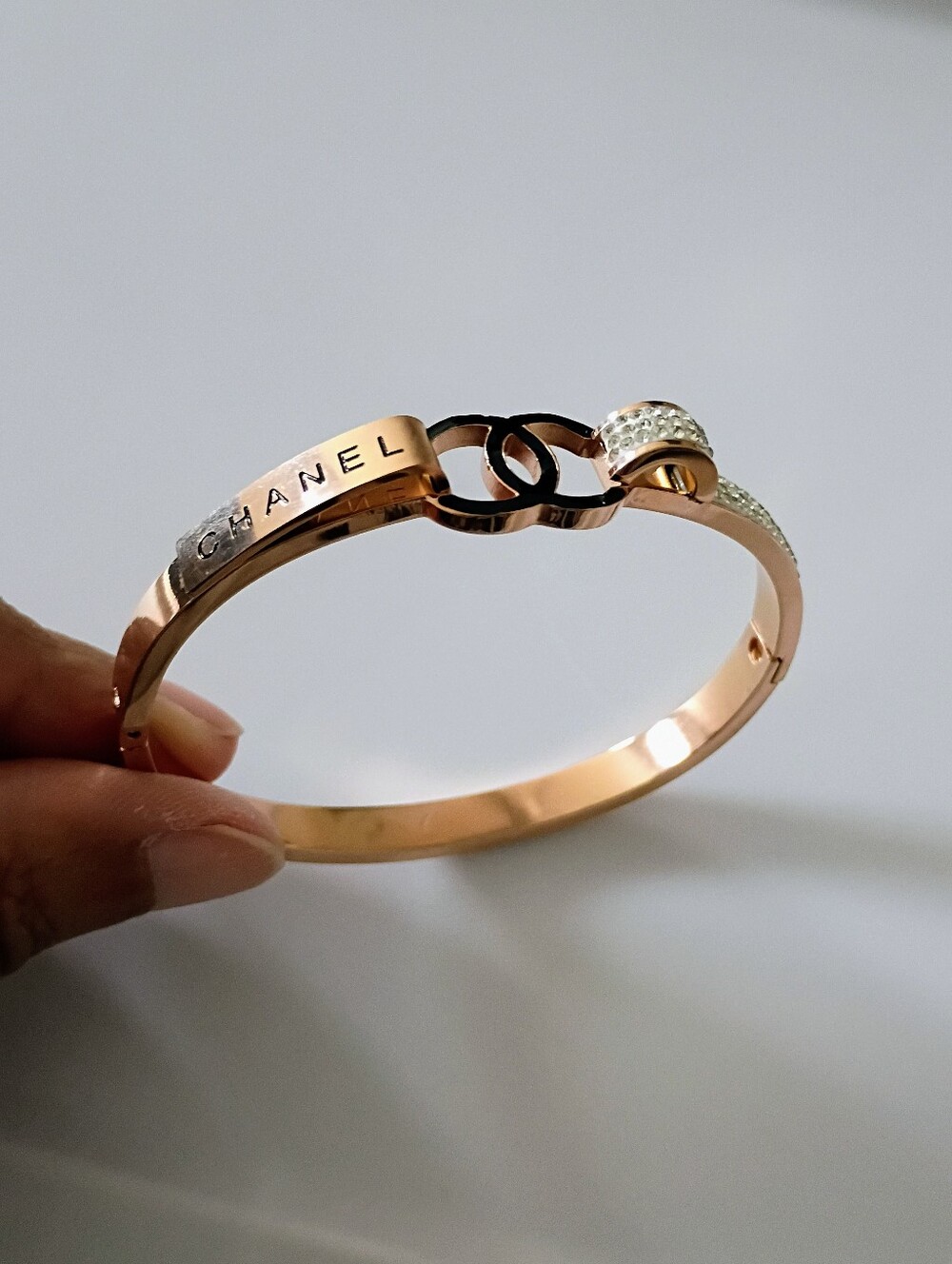 New Rose Gold Tone Crystal Logo Bangle Bracelet - Black Accents - Picture 8 of 8